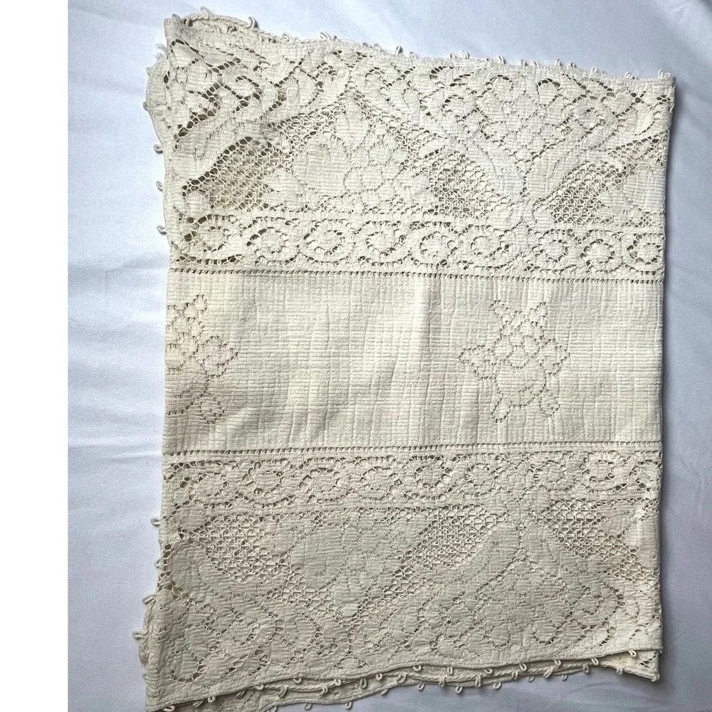 Vintage Hand-Crocheted Filet Cotton Table Runner Embossed Floral Lace